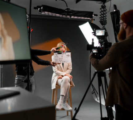 A man is using a clapper board as a gesture in front of a woman, displaying a fun event in the room.